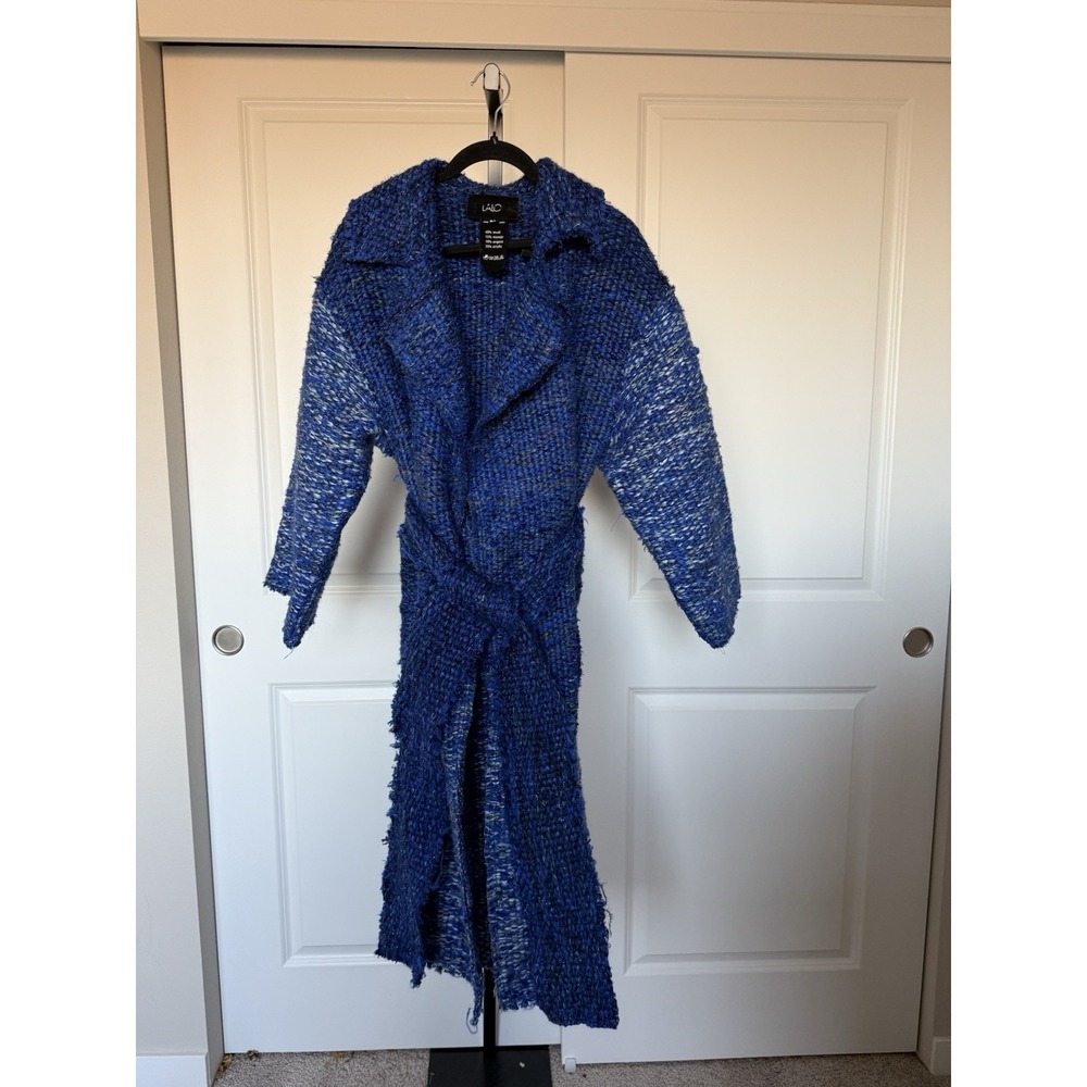 LALO Cardigan Handmade Georgia‎ Blue Mohair  Wool Belted Long Cardigan Coat S/M